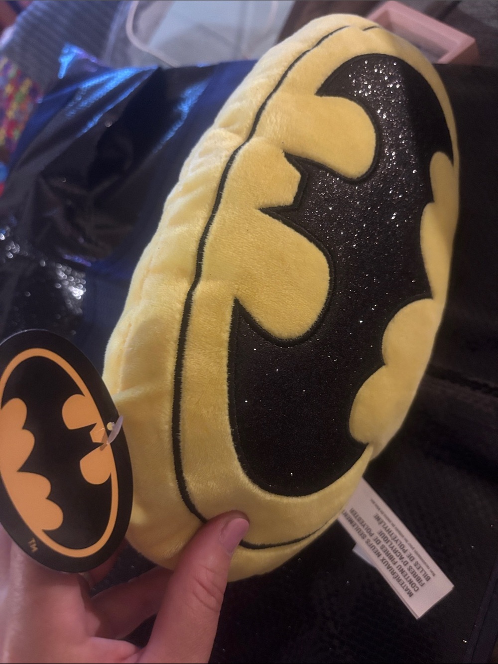 Batman Yellow and Black Plush Bat Emblem Pillow